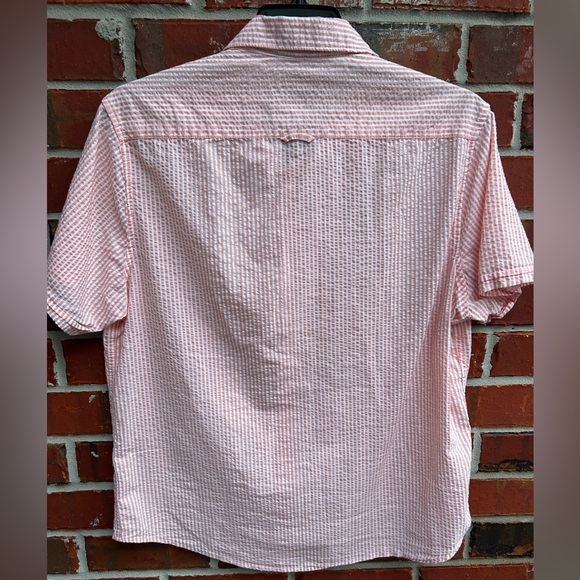 Denim & Flower Ricky Singh Seersucker Peach & White Striped Button Up Shirt L A7 - Picture 2 of 5